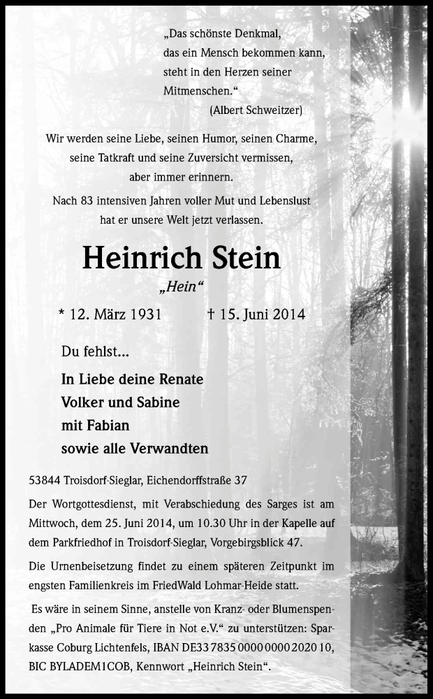  Traueranzeige für Heinrich Stein vom 18.06.2014 aus Kölner Stadt-Anzeiger / Kölnische Rundschau / Express
