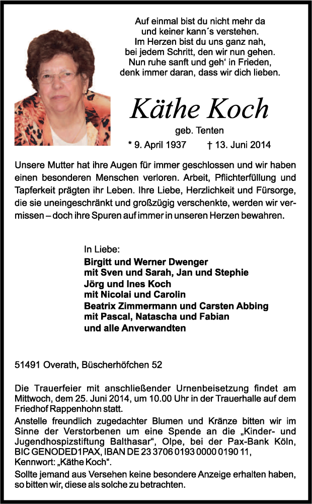  Traueranzeige für Käthe Koch vom 18.06.2014 aus Kölner Stadt-Anzeiger / Kölnische Rundschau / Express