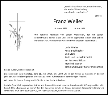 Anzeige von Franz Weiler von Kölner Stadt-Anzeiger / Kölnische Rundschau / Express