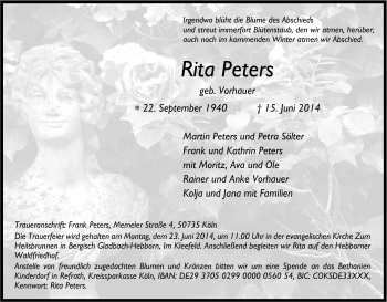 Anzeige von Rita Peters von Kölner Stadt-Anzeiger / Kölnische Rundschau / Express