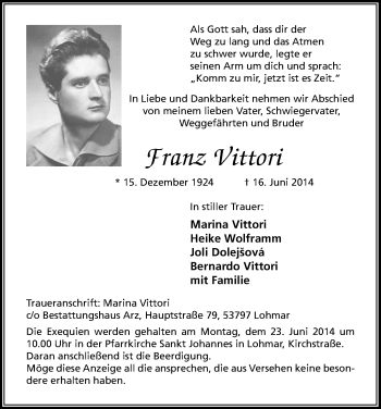 Anzeige von Franz Vittori von Kölner Stadt-Anzeiger / Kölnische Rundschau / Express