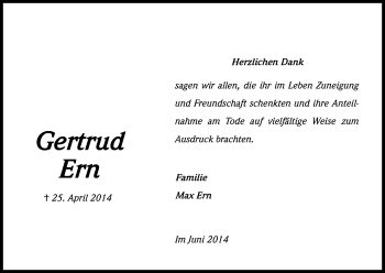 Anzeige von Gertrud Ern von Kölner Stadt-Anzeiger / Kölnische Rundschau / Express
