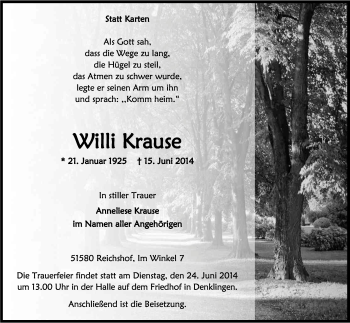 Anzeige von Willi Krause von Kölner Stadt-Anzeiger / Kölnische Rundschau / Express