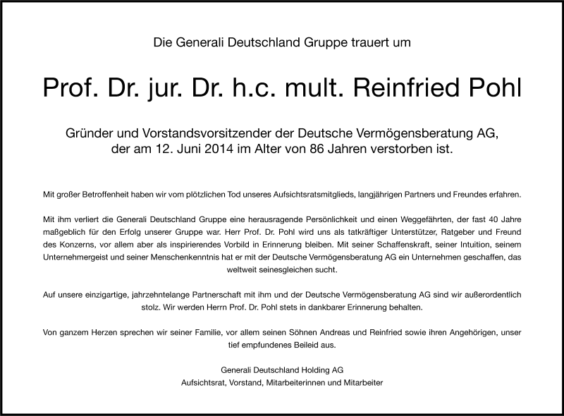  Traueranzeige für Reinfried Pohl vom 18.06.2014 aus Kölner Stadt-Anzeiger / Kölnische Rundschau / Express