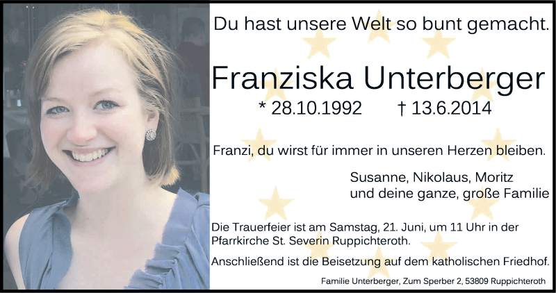  Traueranzeige für Franziska Unterberger vom 19.06.2014 aus Kölner Stadt-Anzeiger / Kölnische Rundschau / Express