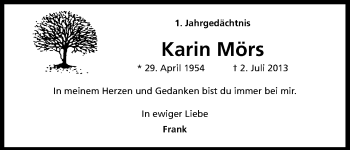Anzeige von Karin Mörs von Kölner Stadt-Anzeiger / Kölnische Rundschau / Express