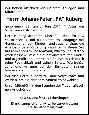 Anzeige von Johann-Peter Kuberg von Kölner Stadt-Anzeiger / Kölnische Rundschau / Express