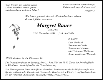 Anzeige von Margret Bauer von Kölner Stadt-Anzeiger / Kölnische Rundschau / Express