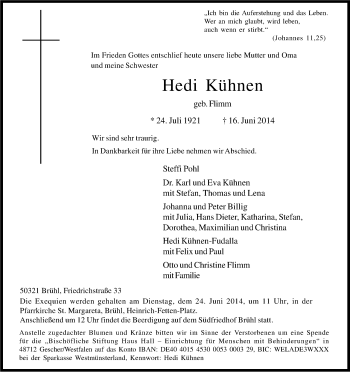 Anzeige von Hedi Kühnen von Kölner Stadt-Anzeiger / Kölnische Rundschau / Express