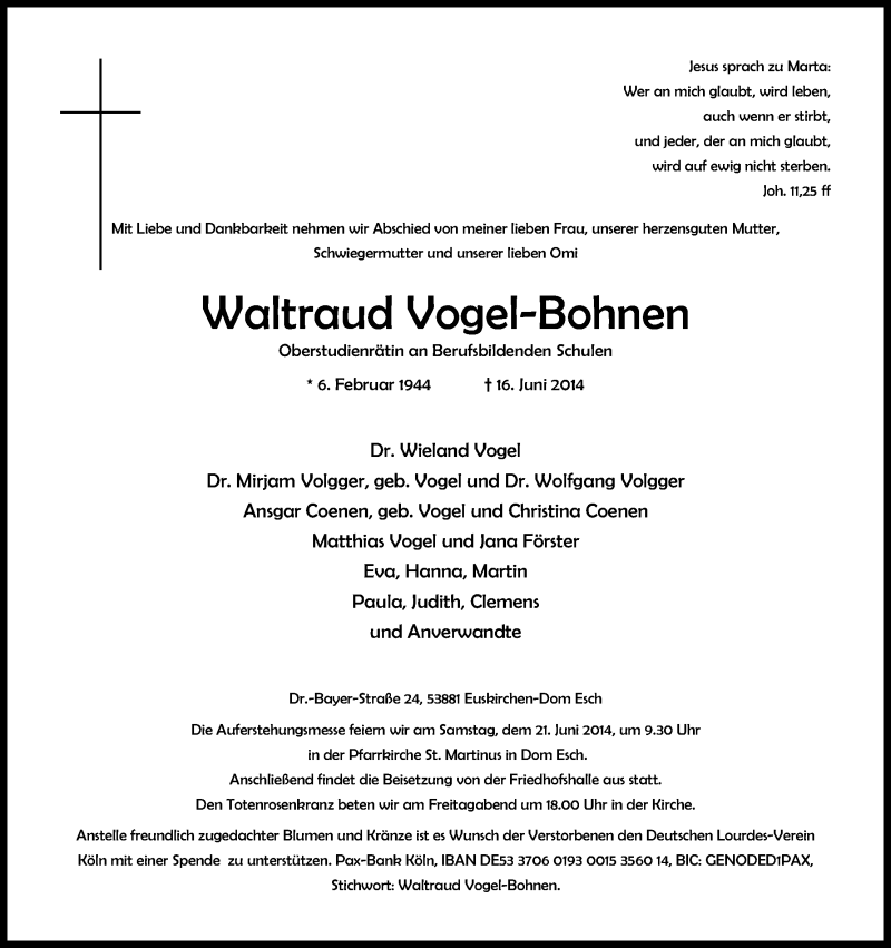  Traueranzeige für Waltraud Vogel-Bohnen vom 18.06.2014 aus Kölner Stadt-Anzeiger / Kölnische Rundschau / Express