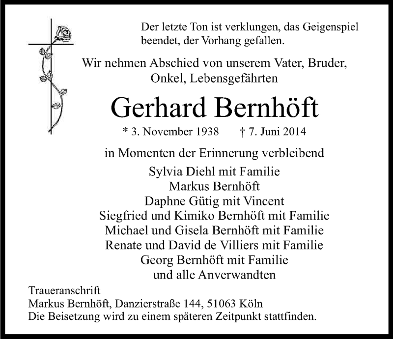  Traueranzeige für Gerhard Bernhöft vom 21.06.2014 aus Kölner Stadt-Anzeiger / Kölnische Rundschau / Express