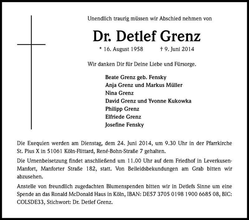  Traueranzeige für Detlef Grenz vom 18.06.2014 aus Kölner Stadt-Anzeiger / Kölnische Rundschau / Express