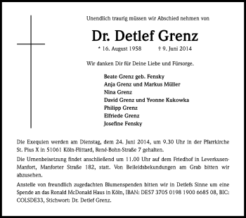 Anzeige von Detlef Grenz von Kölner Stadt-Anzeiger / Kölnische Rundschau / Express