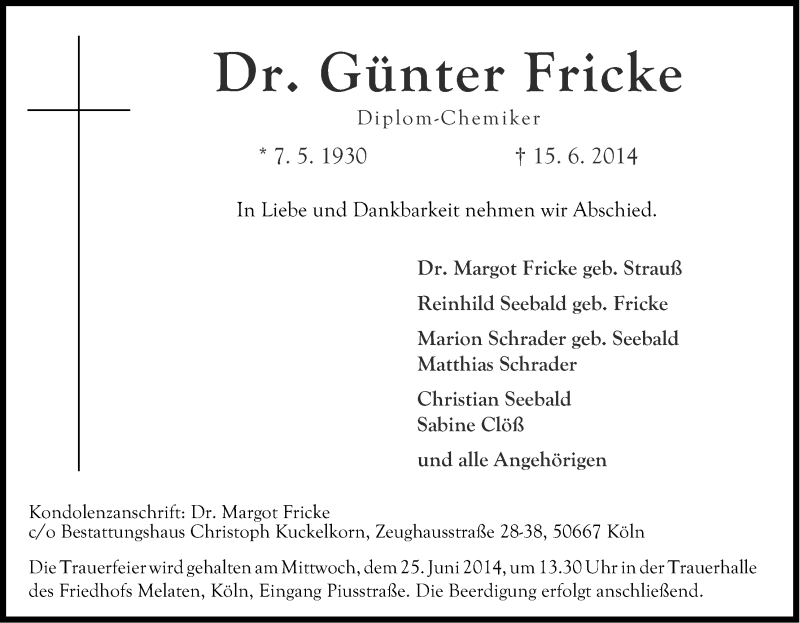  Traueranzeige für Günter Fricke vom 21.06.2014 aus Kölner Stadt-Anzeiger / Kölnische Rundschau / Express