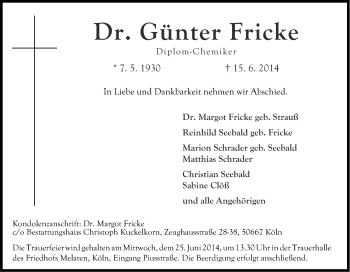 Anzeige von Günter Fricke von Kölner Stadt-Anzeiger / Kölnische Rundschau / Express