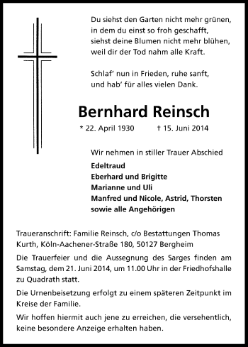 Anzeige von Bernhard Reinsch von Kölner Stadt-Anzeiger / Kölnische Rundschau / Express
