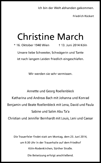 Anzeige von Christine March von Kölner Stadt-Anzeiger / Kölnische Rundschau / Express