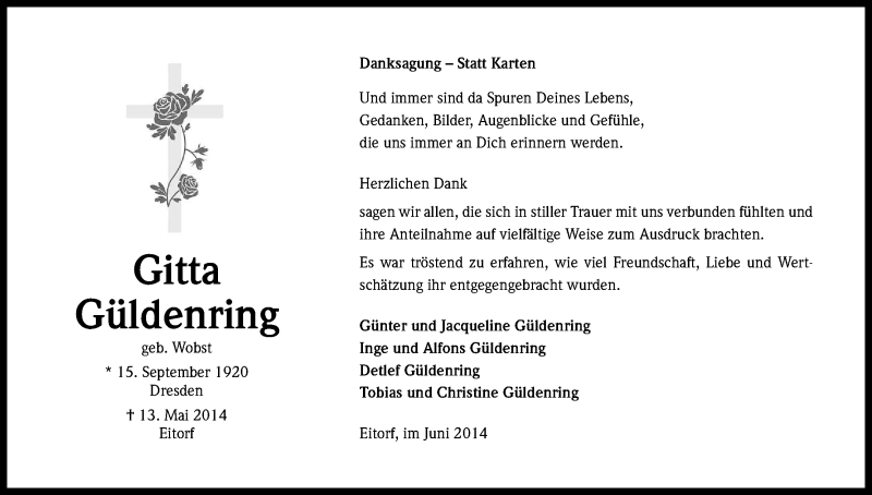  Traueranzeige für Gitta Güldenring vom 21.06.2014 aus Kölner Stadt-Anzeiger / Kölnische Rundschau / Express