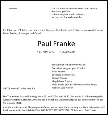 Anzeige von Paul Franke von Kölner Stadt-Anzeiger / Kölnische Rundschau / Express