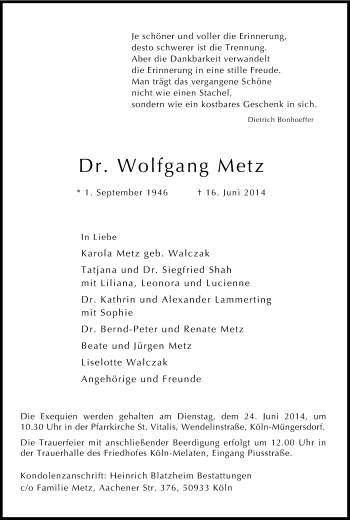 Anzeige von Wolfgang Metz von Kölner Stadt-Anzeiger / Kölnische Rundschau / Express