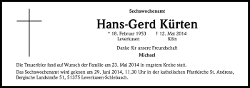 Anzeige von Hans-Gerd Kürten von Kölner Stadt-Anzeiger / Kölnische Rundschau / Express