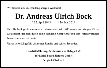 Anzeige von Andreas Ulrich Bock von Kölner Stadt-Anzeiger / Kölnische Rundschau / Express