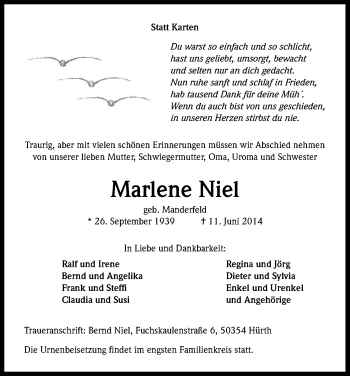 Anzeige von Marlene Niel von Kölner Stadt-Anzeiger / Kölnische Rundschau / Express