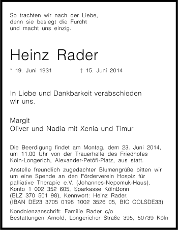 Anzeige von Heinz Rader von Kölner Stadt-Anzeiger / Kölnische Rundschau / Express