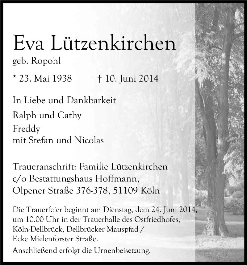  Traueranzeige für Eva Lützenkirchen vom 21.06.2014 aus Kölner Stadt-Anzeiger / Kölnische Rundschau / Express