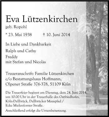 Anzeige von Eva Lützenkirchen von Kölner Stadt-Anzeiger / Kölnische Rundschau / Express