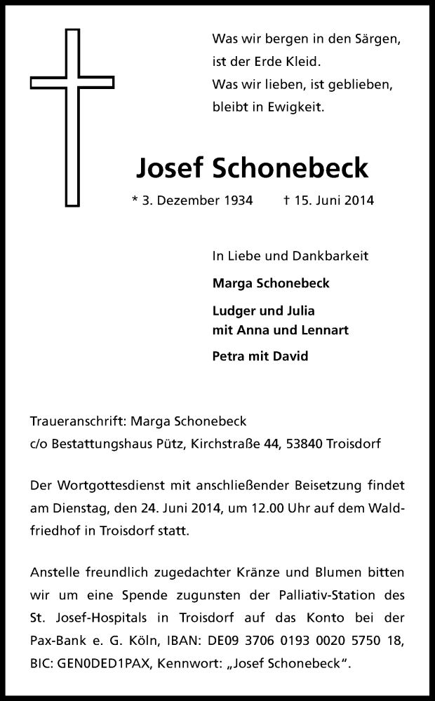  Traueranzeige für Josef Schonebeck vom 21.06.2014 aus Kölner Stadt-Anzeiger / Kölnische Rundschau / Express