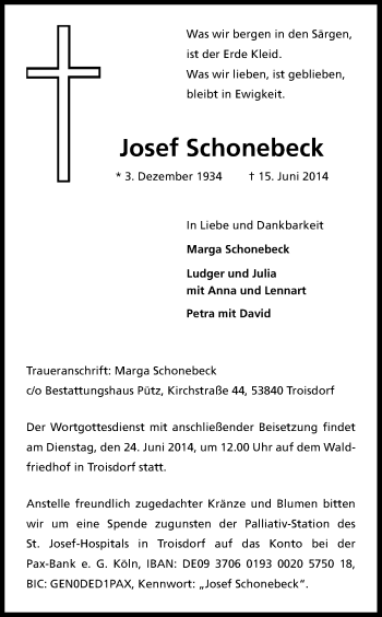 Anzeige von Josef Schonebeck von Kölner Stadt-Anzeiger / Kölnische Rundschau / Express