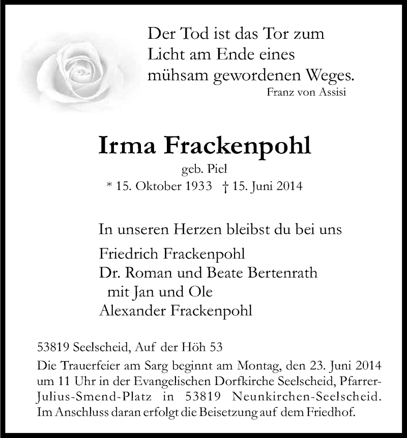  Traueranzeige für Irma Frackenpohl vom 19.06.2014 aus Kölner Stadt-Anzeiger / Kölnische Rundschau / Express