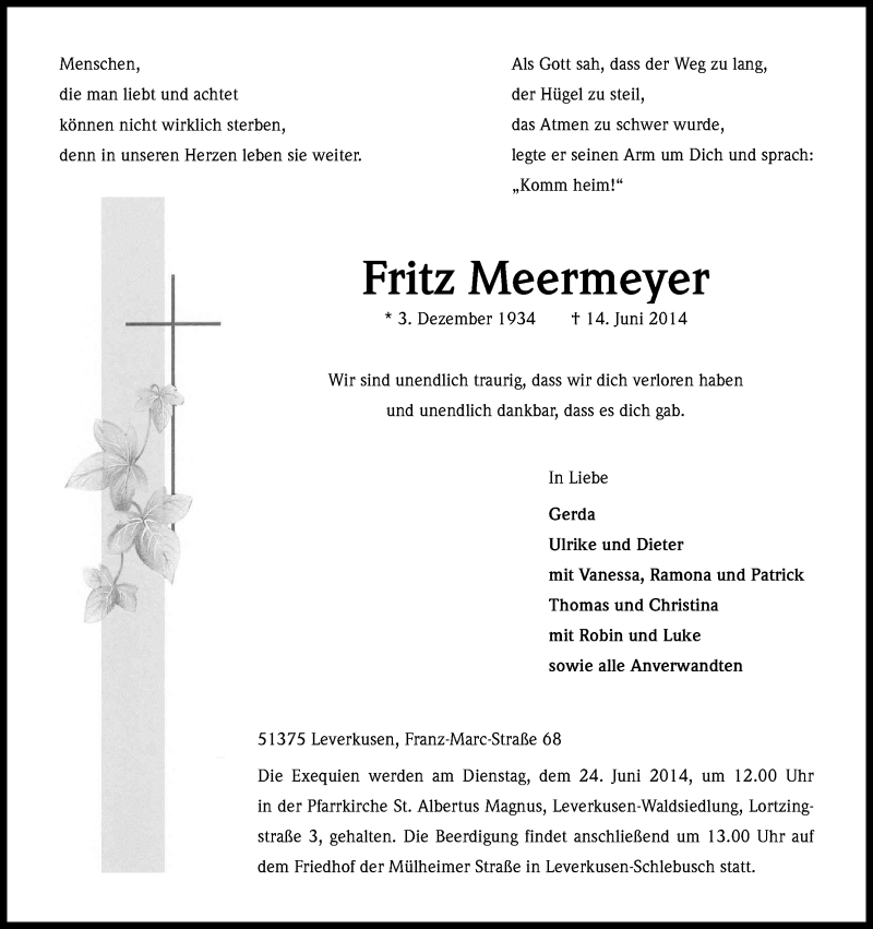 Traueranzeige für Fritz Meermeyer vom 19.06.2014 aus Kölner Stadt-Anzeiger / Kölnische Rundschau / Express