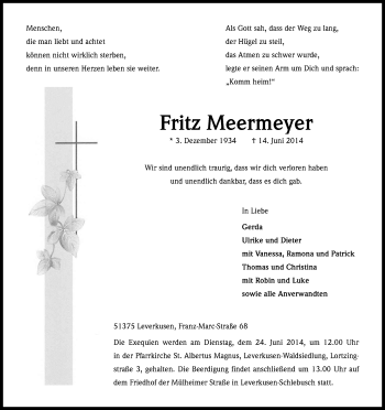 Anzeige von Fritz Meermeyer von Kölner Stadt-Anzeiger / Kölnische Rundschau / Express