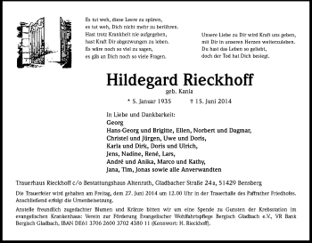 Anzeige von Hildegard Rieckhoff von Kölner Stadt-Anzeiger / Kölnische Rundschau / Express