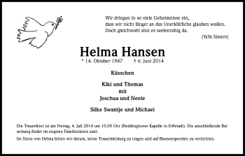Anzeige von Helma Hansen von Kölner Stadt-Anzeiger / Kölnische Rundschau / Express