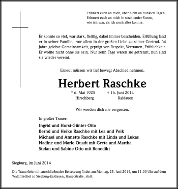 Anzeige von Herbert Raschke von Kölner Stadt-Anzeiger / Kölnische Rundschau / Express
