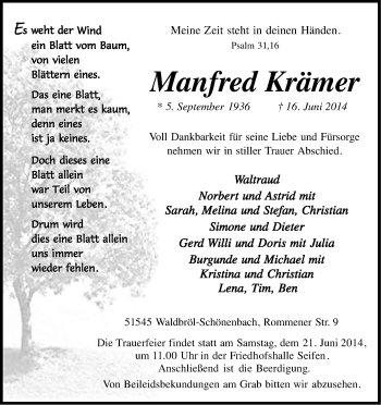 Anzeige von Manfred Krämer von Kölner Stadt-Anzeiger / Kölnische Rundschau / Express