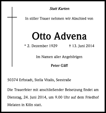 Anzeige von Otto Advena von Kölner Stadt-Anzeiger / Kölnische Rundschau / Express