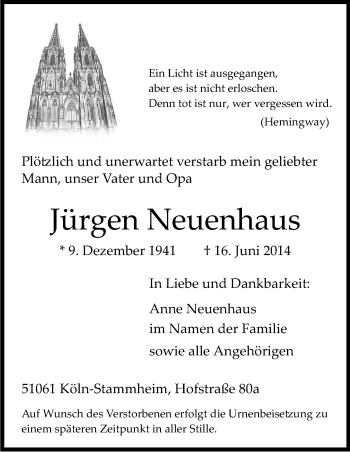 Anzeige von Jürgen Neuenhaus von Kölner Stadt-Anzeiger / Kölnische Rundschau / Express