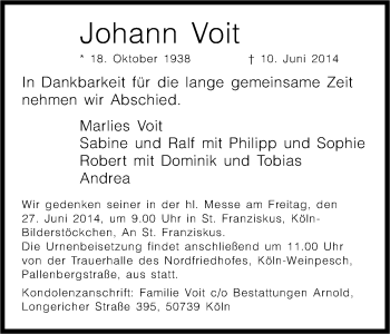 Anzeige von Johann Voit von Kölner Stadt-Anzeiger / Kölnische Rundschau / Express