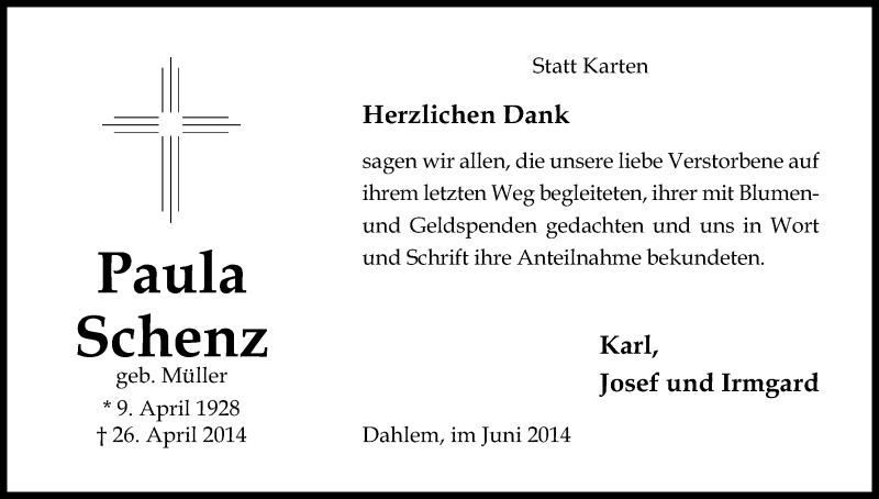  Traueranzeige für Paula Schenz vom 21.06.2014 aus Kölner Stadt-Anzeiger / Kölnische Rundschau / Express