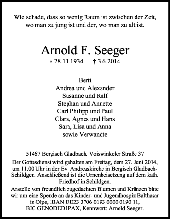 Anzeige von Arnold Seeger von Kölner Stadt-Anzeiger / Kölnische Rundschau / Express