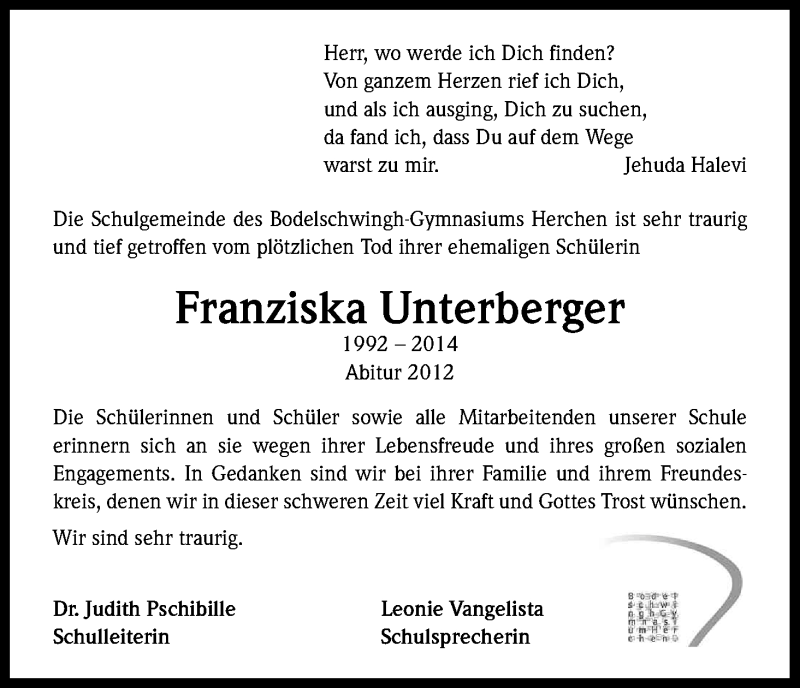  Traueranzeige für Franziska Unterberger vom 21.06.2014 aus Kölner Stadt-Anzeiger / Kölnische Rundschau / Express