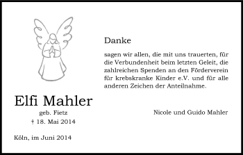 Anzeige von Elfi Mahler von Kölner Stadt-Anzeiger / Kölnische Rundschau / Express
