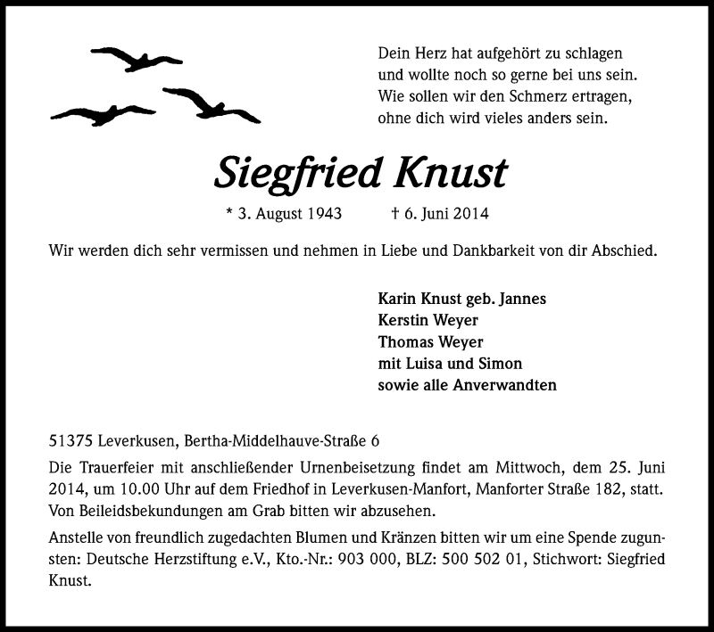  Traueranzeige für Siegfried Knust vom 21.06.2014 aus Kölner Stadt-Anzeiger / Kölnische Rundschau / Express