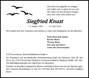 Anzeige von Siegfried Knust von Kölner Stadt-Anzeiger / Kölnische Rundschau / Express