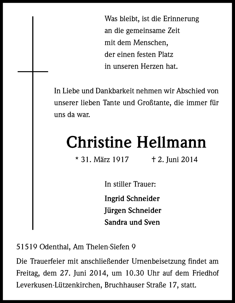  Traueranzeige für Christine Hellmann vom 21.06.2014 aus Kölner Stadt-Anzeiger / Kölnische Rundschau / Express