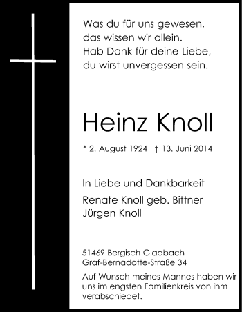 Anzeige von Heinz Knoll von Kölner Stadt-Anzeiger / Kölnische Rundschau / Express